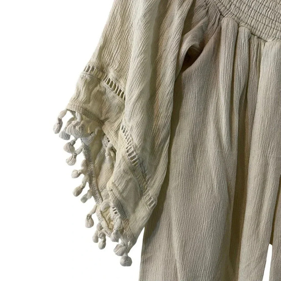 Aqua Off White Blouse Size Small Tassels Boho Neutral Seersucker Neckline Top - Picture 3 of 7